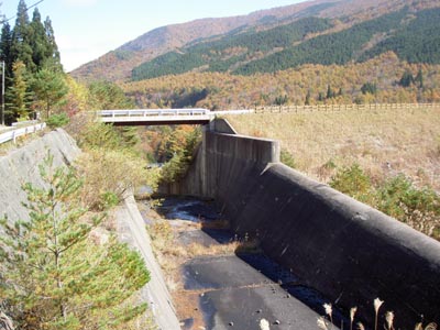 上流から洪水吐と導流部を見る