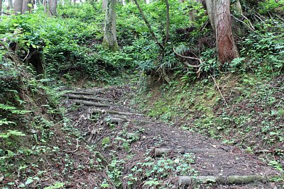 七曲りの登城道はくねくねと曲がっています